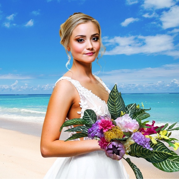 Colorful Beach Wedding Bouquet, Pre-Made Artificial Faux Floral Arrangement - Picture 11 of 11